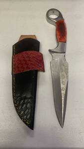 Handcrafted Damascus Steel Fixed Blade Full Tang Knife with Leather Sheath approx 10.5 inches hunting/fishing