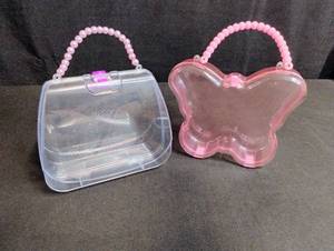 lot 1513 image: Clear and Pink Plastic Butterfly Purse with Pearl Handle