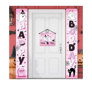 lot 1638 image: Pink Halloween Happy Boo Door Banner Pink and Black Banners