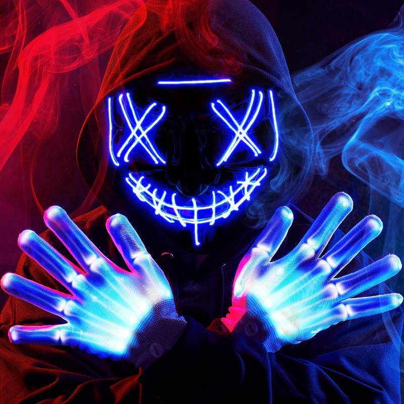 lot 15356 image: Halloween Led Mask, Light Up Mask and Gloves for Cosplay Costume (Blue), 3 Modes Scary Glow in The Dark Masks for Boys Girls Halloween Party Dress Up Accessories, Gifts Giving - Retail $40