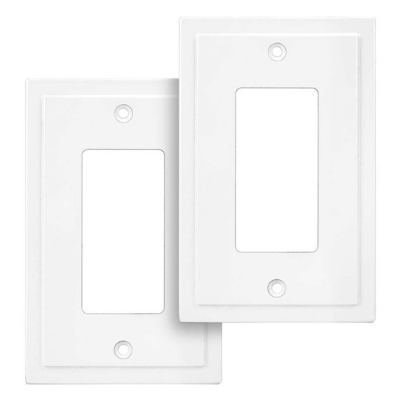 lot 15395 image: Henne Bery Modern Edge Decorative Wall Plate Switch Plate Outlet Cover, Durable Solid Zinc Alloy (Single Decorator 2PK, White) - Retail $10