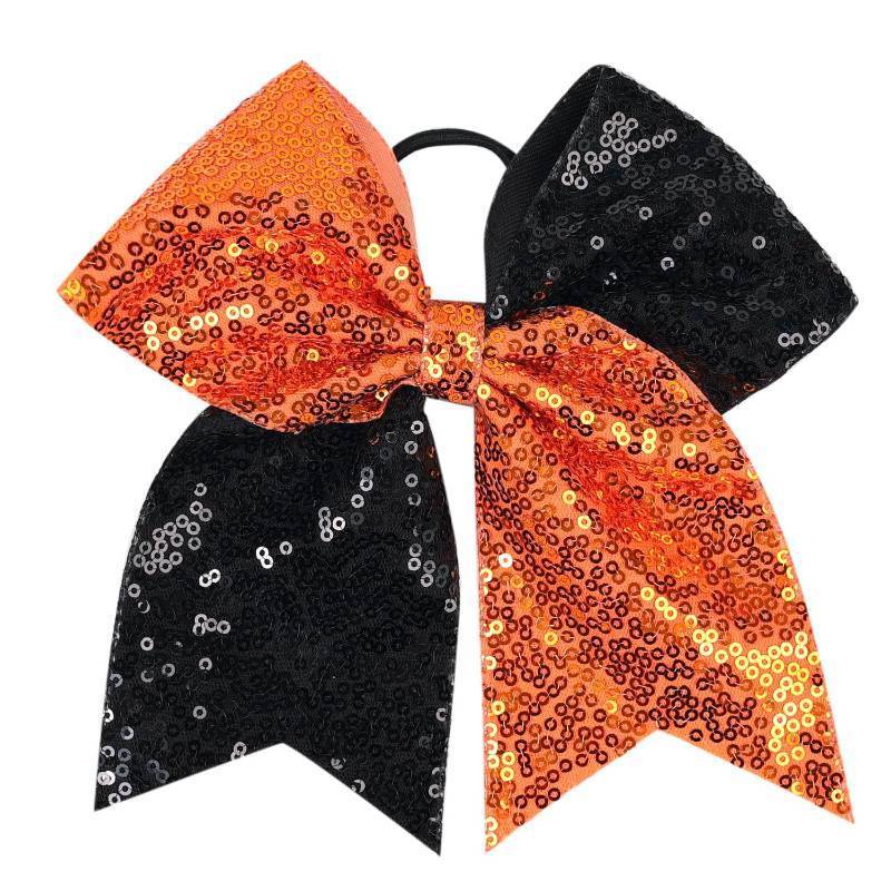 lot 15446 image: Bow Hair Tie for Girls Large Cheer Bow Sequins Ponytail Women Teen Girls Cheerleading Ribbon Holder Hair Band (Black  Orange) - Retail $8