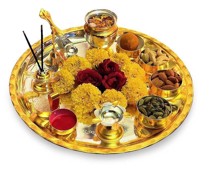 lot 15494 image: Pooja Thali Set Gold and Silver Plated Puja Thali for Diwali Decoration Gift Items Festival Ethnic Puja Thali for Temple Office Home Wedding Return Gifts (12 Inch  NOBG684, Gold and Silver) - Retail $59