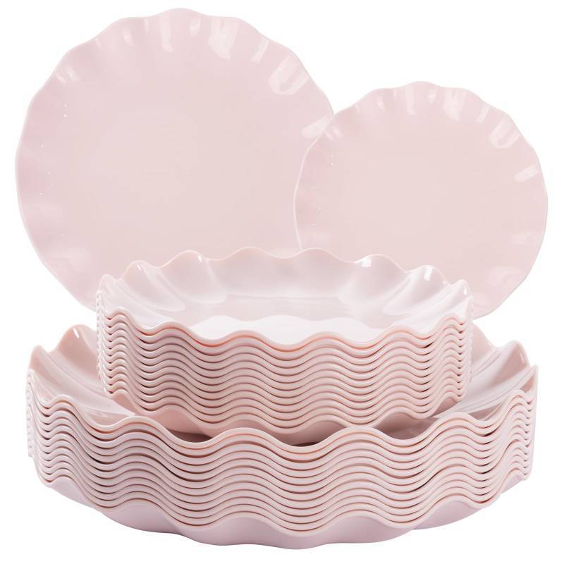 lot 15508 image: 24 Pcs Pink Plates Reusable, Pink Plastic Scalloped Plate Durable and Dishwasher Safe, Baby Shower Plate, Light Weight Daisy Plastic Wavy Plates for Wedding Party Birthday - Retail $32