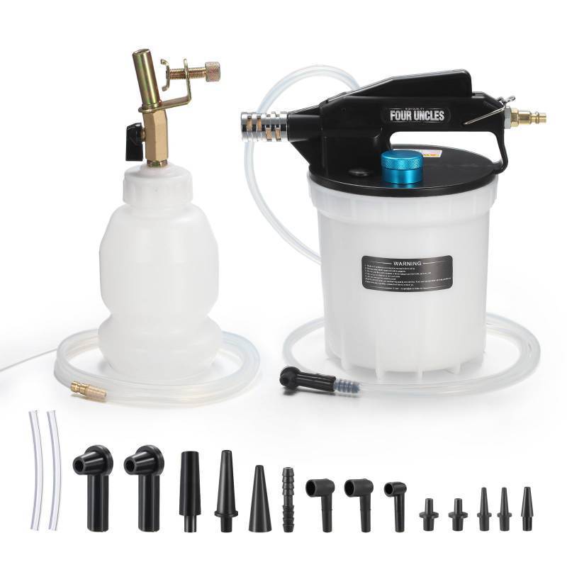 lot 15509 image: FOUR UNCLES 2L Brake Bleeder Vacuum Pump Kit - Pneumatic Brake Fluid Extractor with 1L Refilling Bottle & Adapters for Automotive Bleeding, One-Person Operation - Retail $60
