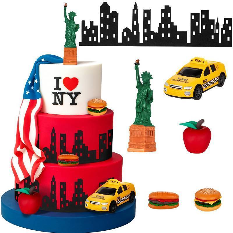 lot 34554 image: 9 Pcs New York Cake Decorations New York Party Decorations Mini Statue of Liberty Yellow Taxi Apple Skyscraper Borders Hot Dogs for American Theme Party Birthday NYC Souvenirs Gift. STATUTE ARM BROKEN. - Retail $17