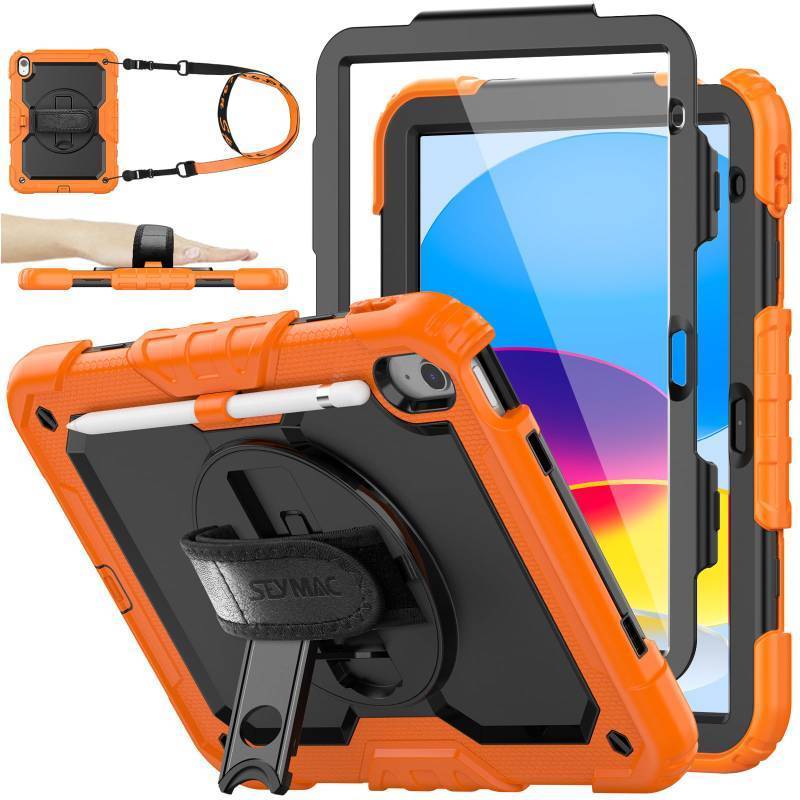 lot 72266 image: Case for iPad (A16) 11th10th Generation 1110.9 20252022, Full-Body Drop Protection Case with Screen Protector & 360° Rotate Hand StrapStand, BlackOrange - Retail $30