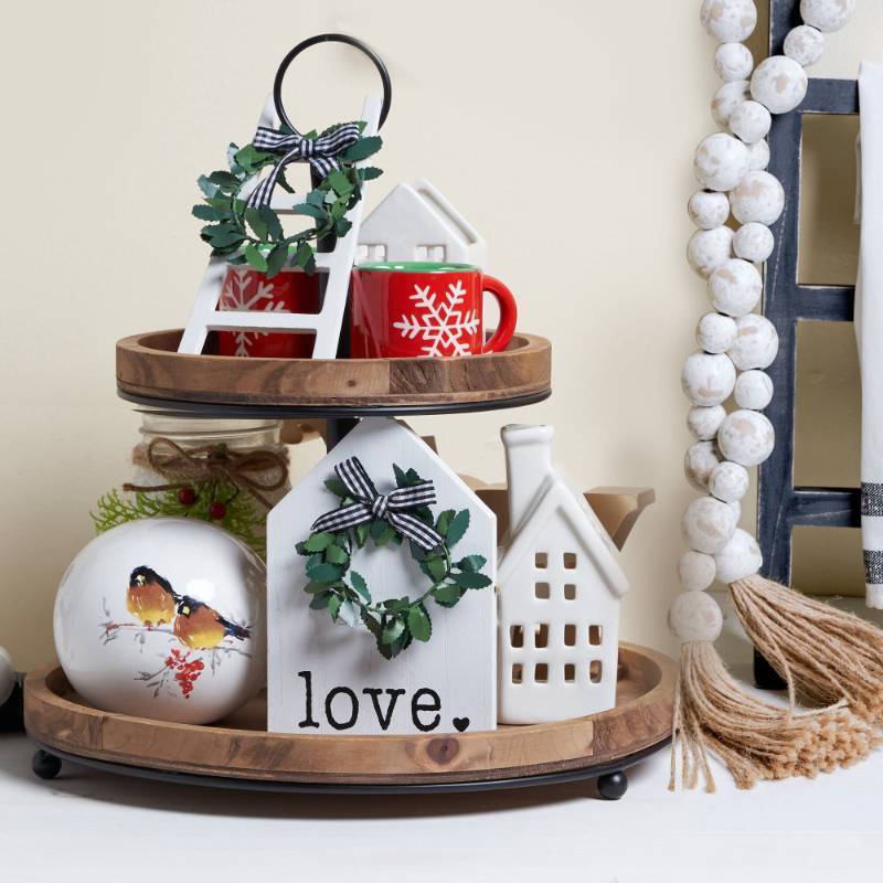 lot 72332 image: Farmhouse Tiered Tray Decor with Distressed Wood Bead Garland, Decorative 2 Tiered Serving Tray with Metal Handle for Rustic Home Decor - Retail $27