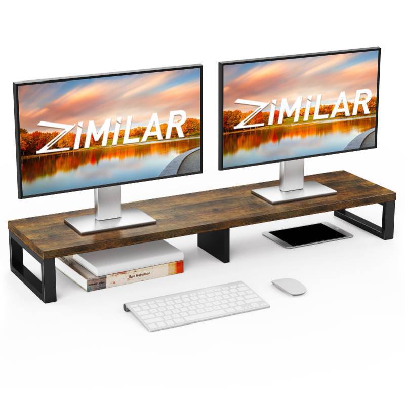 lot 43669 image: Dual Monitor Stand Riser, Large Monitor Stand for Desk, Wood Monitor Riser with Storage Organizer for Home Office, Monitor Stands for 2 Monitors, Desktop Wooden Monitor Riser for Computer - Retail $30
