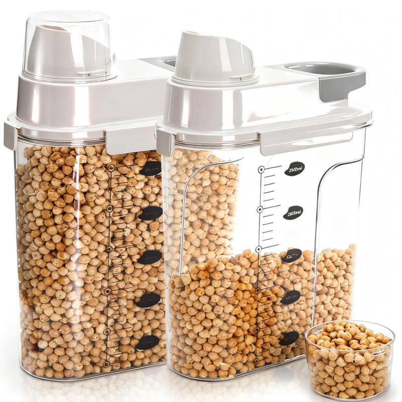 lot 25107 image: 2 Pack Cereal Storage Container, 2.5L Airtight Food Storage Bin, Plastic Kitchen Organizer with Pouring Spout, Measuring Cup Lid, Pantry Dry Food Organization Canisters for Pasta Grain Pet Food