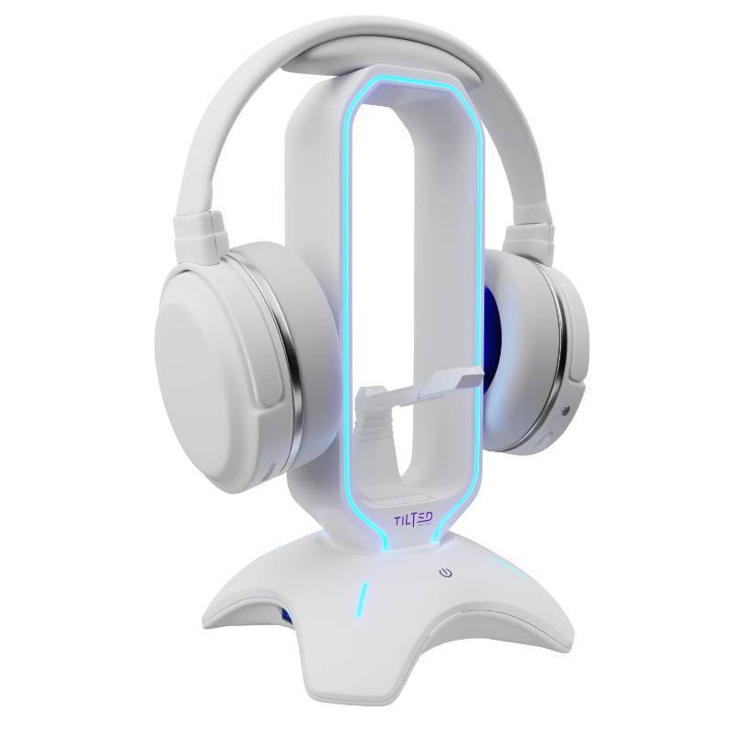 lot 54489 image: Tilted Nation Gaming Headphone Stand  RGB Headset Stand White  Headset Holder for Desk with Mouse Bungee and USB Hub  The Ultimate Gaming Accessories for Gamers for PS5, Xbox, PC - White.  HEADPHONES NOT INCLUDED. - Retail $50