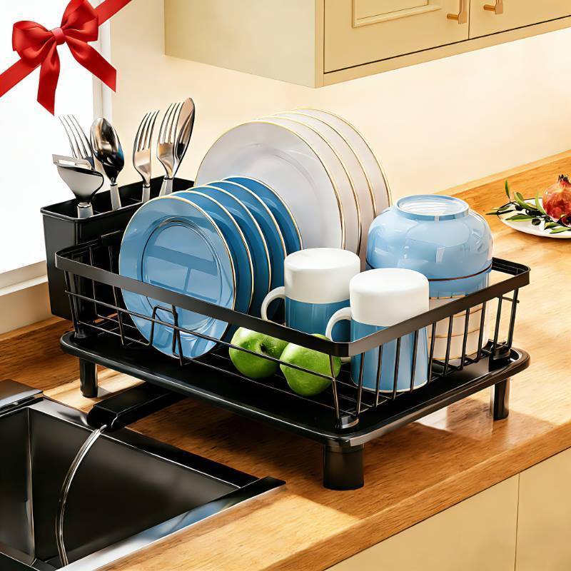 lot 15289 image: Dish Drying Rack, Stainless Steel Space-Saving Dish Rack, Dish Racks for Kitchen Counter, Kitchen Dish Drainers with Removable Utensil Holder, New Drain Outlet, Plate Rack and Drainboard, Black - Retail $30