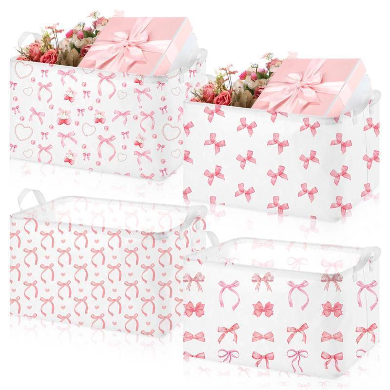 lot 34770 image: 4 Pcs Coqutte Pink Bow Storage Baskets Cute Preppy Pink Hamper Storage Bins Foldable Laundry Baskets with Handle Collapsible Organizer for Home Bathroom, Offices, Bedrooms - Retail $25