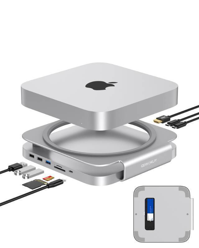lot 15094 image: Mac mini Studio Dock and Stand, Hub with SSD Enclosure for NVMESATA M.2, 4K HDMI Adapter 10Gbps USB AC Port, TFSD Card Reader, Dock for Mac mini M1 M2 and Mac Studio 2024  Accessories - Retail $90
