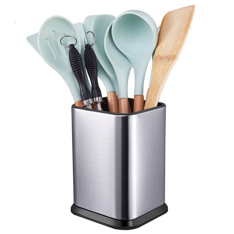 lot 15380 image: Stainless Steel Kitchen Utensil Holder for Countertop, Spoon Spatula Organizer,Modern Rectangular Large Cooking Utensil Caddy Counter, Utensil Crock Silver - Retail $14
