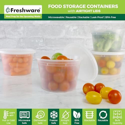 lot 15502 image: Food Storage Containers 16 oz Plastic Deli Containers with Lids, Slime, Soup, Meal Prep Containers  BPA Free  Stackable  Leakproof  MicrowaveDishwasherFreezer Safe. 26 Bowls, 16 Lids. - Retail $10