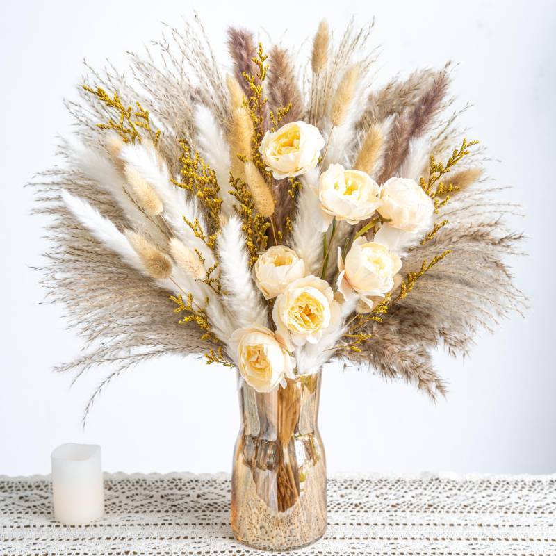 lot 34919 image: Boho Decor Bouquet - Artificial Flowers and Pampas Grass Decor kit,Mix Dried Flower Arrangement Bunny Tail Home Table Rustic Farmhouse Bedroom Decor - Retail $16