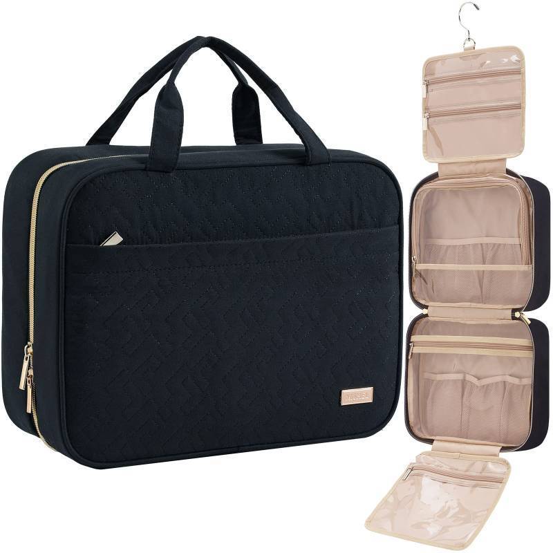 lot 44059 image: Travel Toiletry Bag for women, Portable Hanging Organizer for Full-Sized Shampoo, Conditioner, Brushes Set, Makeup Accessories, Large Size, Black - Retail $18