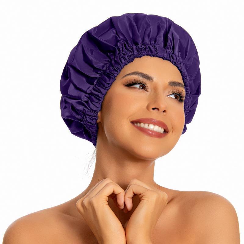 lot 44073 image: Reusable Shower Cap for Women, Large Waterproof Shower Bonnet Washable Elastic Band Bath Hair Hat for Long Hair, Braids(Dark Purple) - Retail $10