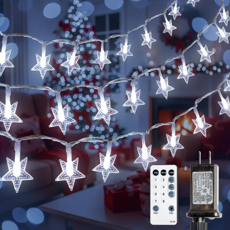 lot 4909 image: syosupviry Star String Lights Plug in,33ft 100LED Star Fairy Lights with Remote and Timer, Twinkle Lights Waterproof for Indoor Outdoor Bedroom Classroom Ramadan Party Holiday Decor,White