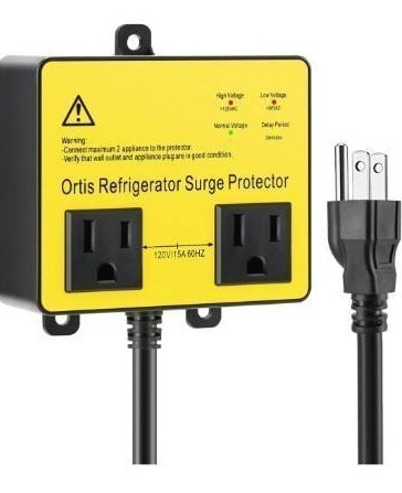 lot 4653 image: Refrigerator Surge Protector, Ortis Double Outlet Voltage Protector for Home Appliances with Time Delay, Protects Against Brownout, Spike, Instant Surge All Voltage Abnormalities, Yellow - Retail $30