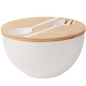 lot 6857 image: ECOHAGOU 11.3 Extra Large Salad Serving Bowl Set with Wooden Lid&Utensils, 6.5Qt., Bamboo Fiber Salad Bowl with Servers for Kitchen, Lightweight Big Bowl for Mixing Salad,Fruit,Pasta - Matte White