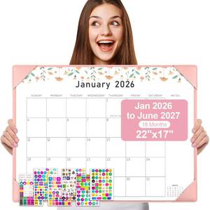lot 6882 image: Gannyfer Desk Calendar 2026 with Desktop Mat, Simplified Large 22 x 17 Desktop Pad Calendar, 18 Month Desk Calendar, Use Jan 2026 to June 2027, Office Supplies Perfect for Home School and Office - Pink(6 Stickers Included)