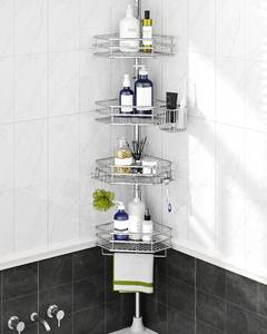 lot 6896 image: SEIRIONE Corner Shower Caddy Tension Pole, Quick Setup, Rust-Free Bathroom Shower Organizer Corner for Bathtub Shampoo Storage, 4-Tier Adjustable Shelf, Drill Free, Fits 34 to 116 Inch Height, Silver