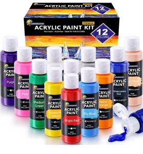 lot 6902 image: ESSENSON Acrylic Paint, 12 Colors Acrylic Paint Set, 2oz59ml Bottles, Premium Paints for Artists, Kids, Beginners and Adults on Canvas Rocks Wood Ceramic Fabric