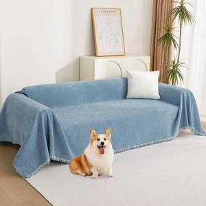 lot 6915 image: MYSKY HOME Chenille Couch Cover, Sofa Slipcover for 1-2 Cushion Sectional Couch, Machine Washable Soft Furniture Protector with Tassels, Futon Sofa Covers, Throw for Dogs, Kids, 71 x 102, Blue