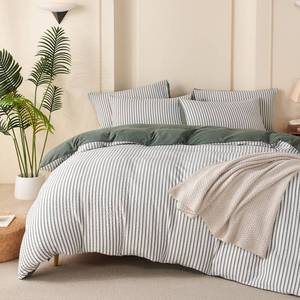 lot 6928 image: TISPLR Green Comforter Set Queen Size Soft Luxury Washed Microfiber Jacquard 3 Pieces Bedding Set, White Green Vertical Ticking Stripes Pattern Comforter with 2 Pillowcases Breathable Durable Comfy