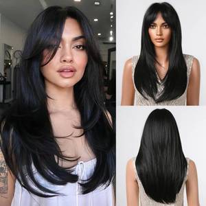 lot 6930 image: testar Black Wigs For Women Long Straight Black Wigs With Curtain Bangs Synthetic Heat Resistant Layered Wig Natural Looking Wigs For Daily Party Use 24 Inch