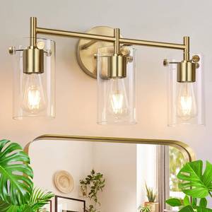 lot 6944 image: Indoi Bathroom Light Fixtures, 3-Light Brushed Gold Vanity Light, Gold Bathroom Lights Over Mirror with Clear Glass Shade, Wall Sconces for Mirror Bedroom Living Room Hallway