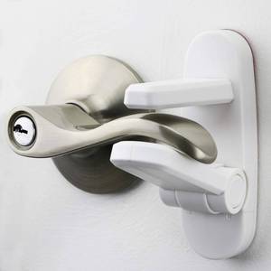 lot 6953 image: Door Lever Lock (2 Pack) Prevents Toddlers from Opening Doors Easy One-Hand Operation for Adults Durable ABS with 3M Adhesive Backing No Tools Needed for Install