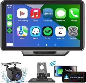 lot 6963 image: Portable Wireless with Apple CarPlay and Android Auto Screen for Car, 7 HD Touch Screen Car Stereo with Mirror Link, Bluetooth 5.2, Backup Camera, AUX,FM Transmitter for All Vehicle