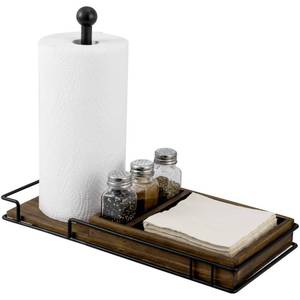 lot 6979 image: MyGift Paper Towel Holder with Napkin Holder and 3 Spice Shakers, Rustic Burnt Solid Wood and Industrial Matte Black Metal Paper Towel Roll Dispenser, Farmhouse Kitchen Stoage