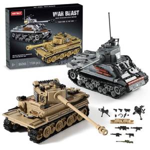 lot 6993 image: WW2 Army Tank Toys Building Kit Compatible with Lego, Create a German Tiger & an American M4 Sherman Models with 1184 Blocks, Great Military Toy Gifts for Boys, Kids Age 8-14