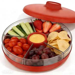 lot 8011 image: Divided Serving Tray with 5 Deep Compartments &amp Flip Lid 11 Rotating Fruit &amp Veggie Platter, 2-Tier Lazy Susan Snack Tray,BPA-Free Party Tray for Chips, Toppings, Appetizers &amp Holiday Hosting