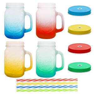 lot 8030 image: eispap 16 oz Glass Mason Jars with Handles Set Of 4 Colored Frosted and Metal Lids and Hard Plastic Straws Drinking Glasses Cups Mug Set for Iced Coffee, Tea