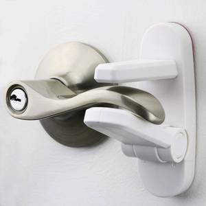 lot 8039 image: Door Lever Lock (3 Pack) Prevents Toddlers from Opening Doors. 3.25 L  1.5 W  4.5 H Easy One Hand Operation for Adults. Durable ABS with 3M Adhesive Backing. Simple Install, No Tools Needed.