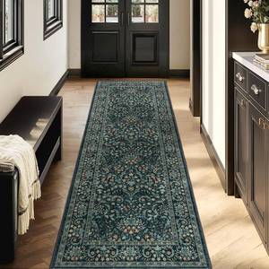 lot 8075 image: Woaboy Washable 2x6 Runner Area Rug, Hallway Kitchen Bedroom Beside Laundry Room Bathroom Rug Non-Slip Low Pile Stain Resistant Soft Carpet for Vintage Boho Floral Home Decor Dark GreenNavyBlack