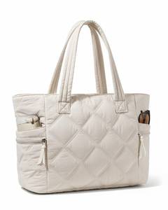 lot 8093 image: Prite Quilted Tote Bag for Women, Lightweight Puffer Tote with Zipper, Travel Work Nurse Gym Bag(Beige)
