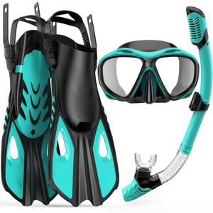 lot 8097 image: Mask Fin Snorkel Set, Travel Size Snorkeling Gear for Adults with Panoramic View Anti-Fog Mask, Fins, Dry Top Snorkel for Swimming Training, Snorkeling Kit Diving Packages (Green, SM)