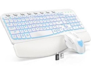 lot 8105 image: SABLUTE Ergonomic Wireless Keyboard and Mouse Combo - Wave Keyboard with Soft Leather Wrist Rest, Resistant Keys, RGB Backlit Rechargeable Set for PCMacChromebook (White)