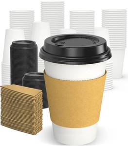 lot 8115 image: Dealusy 100 Pack 12 oz Disposable Coffee Cups with Lids and Sleeves, Sturdy Thick Paper & Leak-free Insulated to Go Paper Hot Coffee Cups with Sip Lids for Hot & Cold Beverage