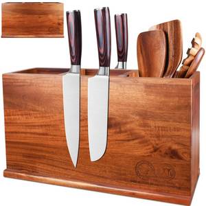 lot 8121 image: XYJ Acacia Wood Utensil Holder with Magnetic Exterior 3-Compartment Organizer for Kitchen Tools, Spoons, Spatulas, Rustic Countertop Caddy, Magnetic Knife Block without Knives &amp Tools