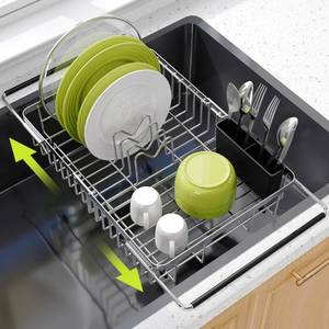 lot 8126 image: JASIWAY Dish Drying Rack in Sink, Expandable Stainless Steel Dish Drainer for Kitchen Sink, Dish Strainer Rack, Retractable Over Sink Dish Rack with Utensil Holder, 13.416.9D x 11.8W, Silver