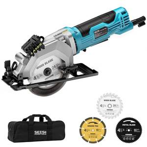 lot 8190 image: Seesii Mini Circular Saw with Laser Guide,4.8A 4000 RPM Compact Corded Circular Saw with Rip Guide,3 Blades (4-12) for Wood,Soft Metal,Tile,Plastic Cutting,Max Cut Depth 1-1116(90°),1-18 (45°)
