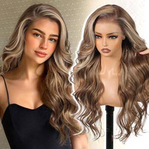 lot 8205 image: KOME Ash Brown Highlight Synthetic Lace Front Wig,13X6 Balayage Curly Meshless Glueless Wigs for Women Daily Use 26IN #TT6166