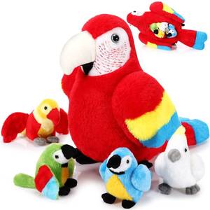 lot 8227 image: Meooeck 5 Pcs Macaw Parrot Plush Set 13 Inch Mommy Parrot Stuffed Animal with 4 Cute Plush Baby in Her Belly Soft Cuddly Bird for Toddlers Boys Girls Birthday Party Favors Gifts(Red Series)